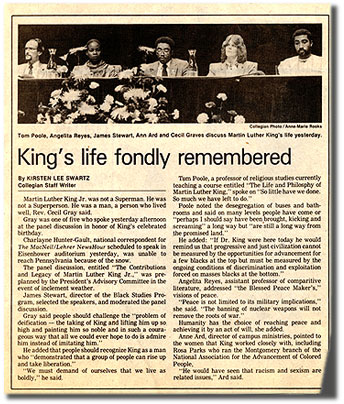 Daily Collegian: King's life fondly remembered, 1987.